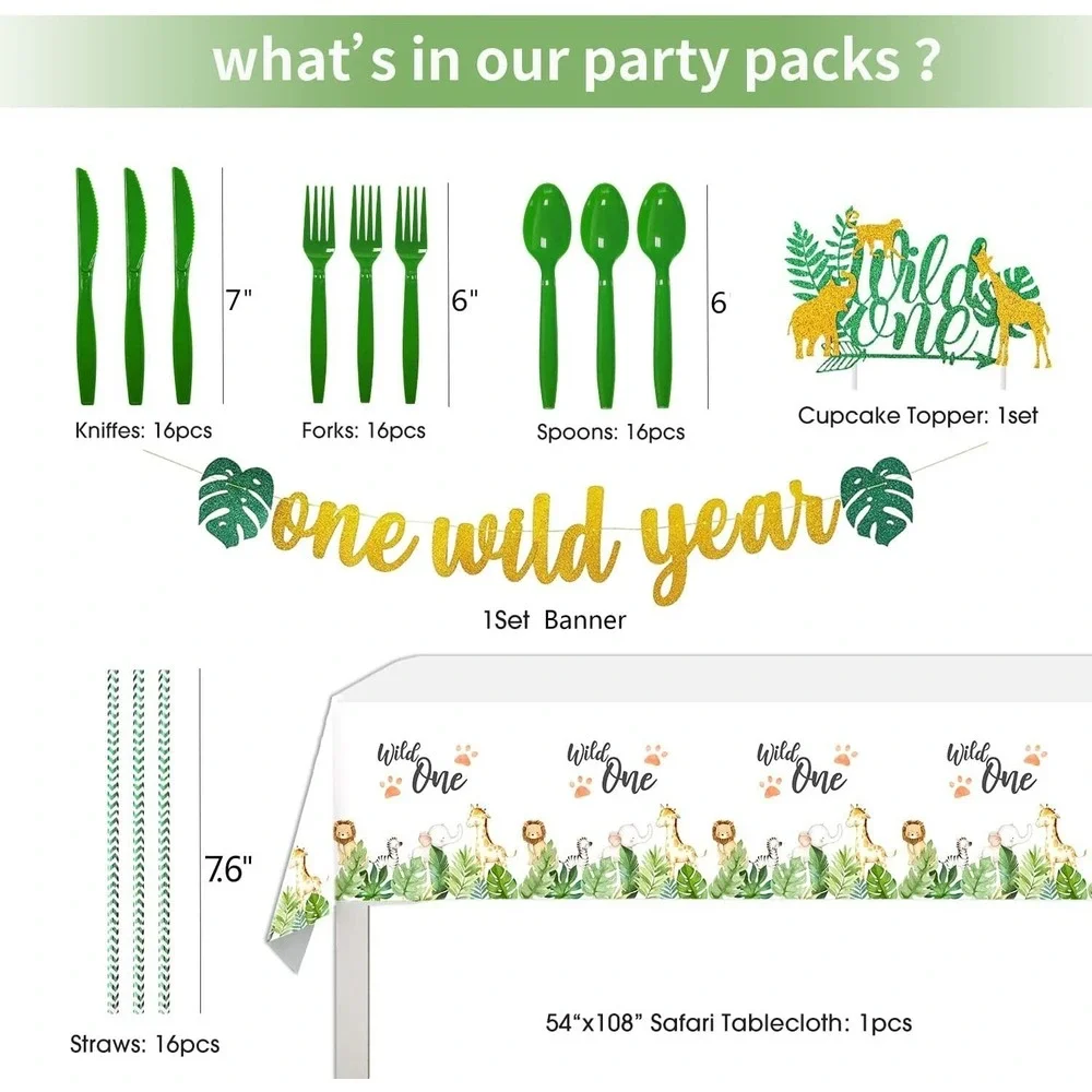 Wild one Jungle Safari First Birthday Decorations for 24 Guests Over 220 Pieces